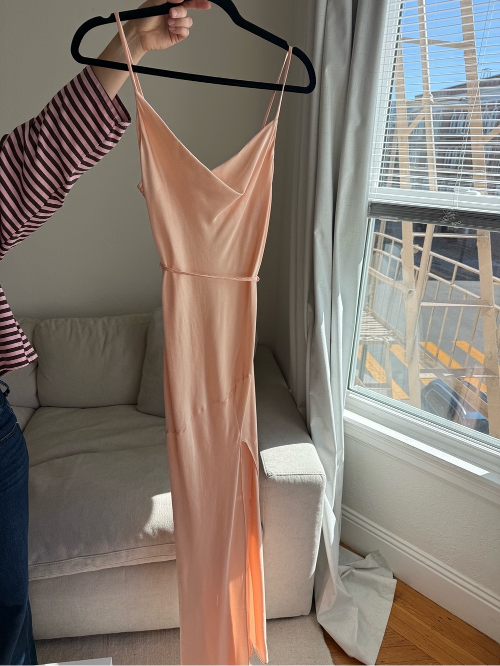 Shona Joy Peach Satin Cowl Neck Maxi Slip Dress
